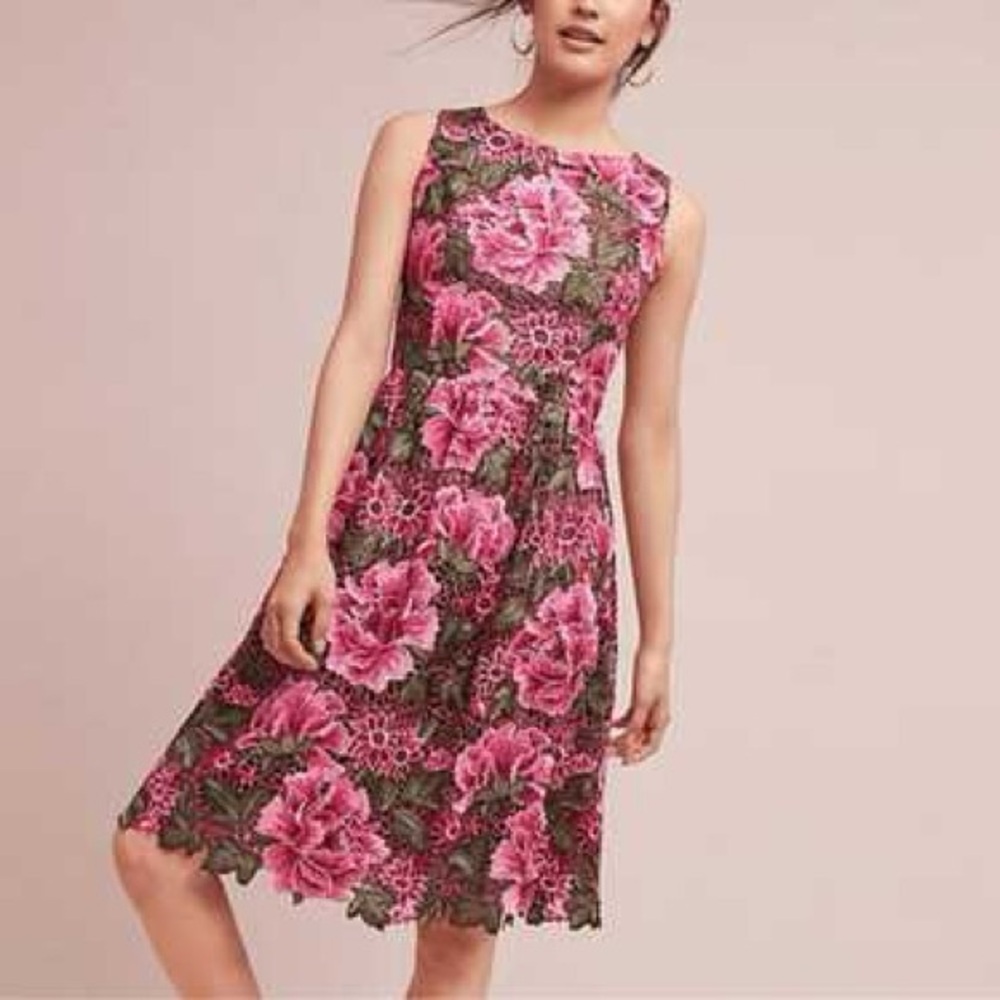 Anthropologie eri & ali Floral Lace Dress in Pink and Green